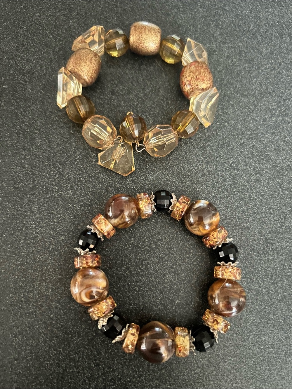 Beaded Stretch Bracelet Duo in Amber Brown and Gold